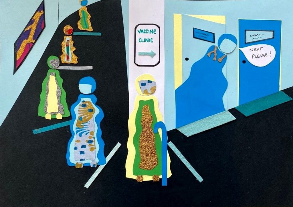 Image of art work 'Volunteering at a Vaccine Clinic' - a collage depicting patients waiting to be vaccinated.